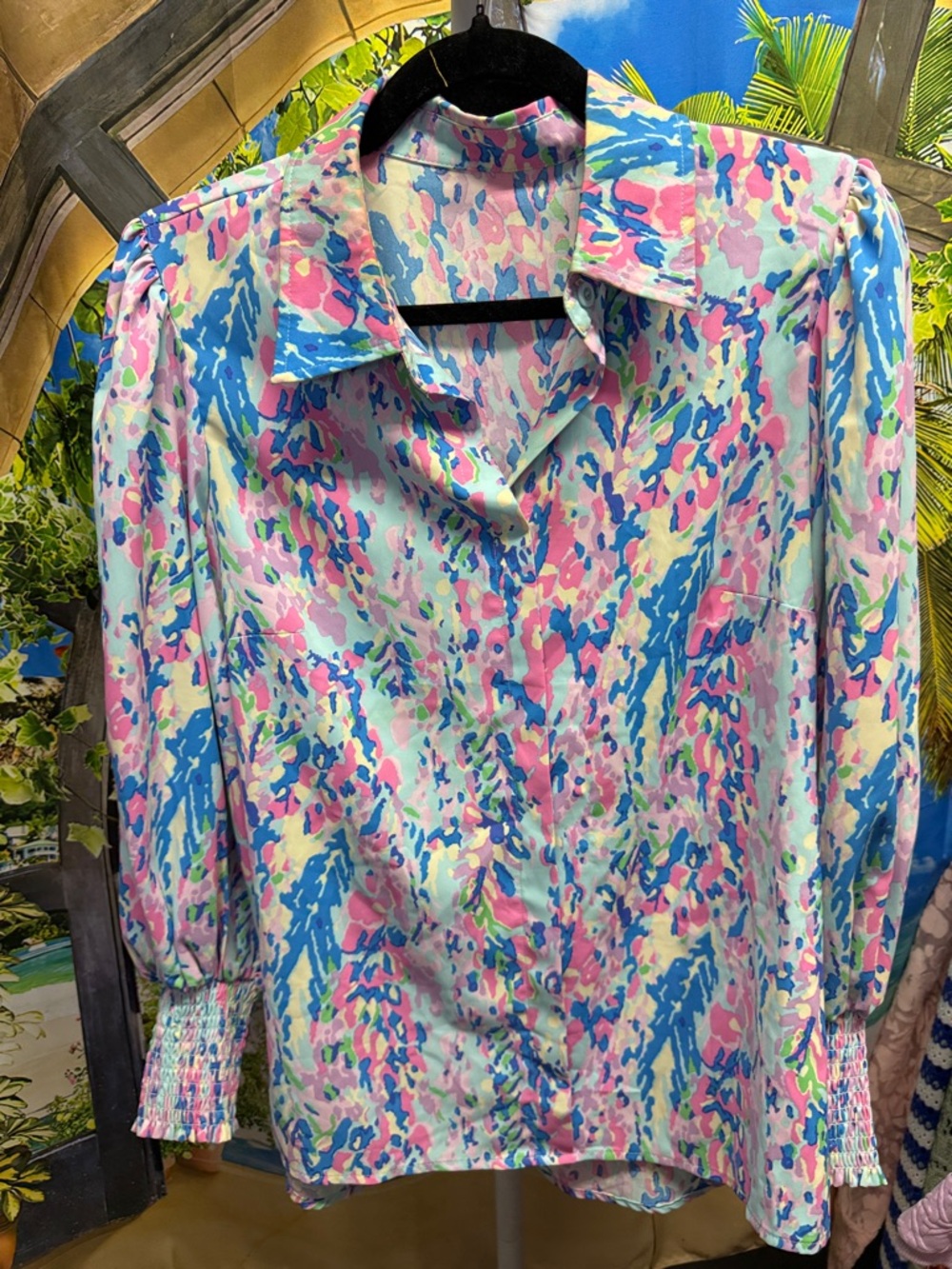Pastel Abstract Print Button-Up Blouse